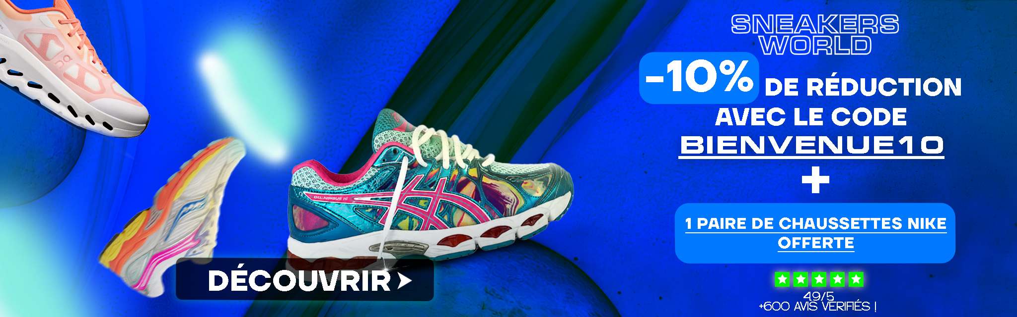Bannière Sneakers World - Code BIENVENUE10 et chaussettes Nike offertes